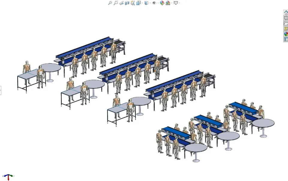 Modelo 3D de línea de producción con bandas y estaciones